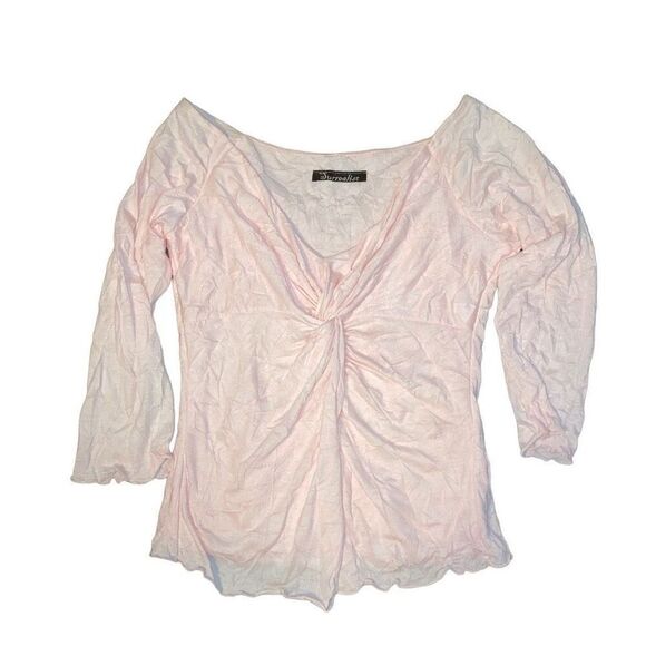 Y2K Surrealist Sz Small Light Blush Pink Textured Twist Front V Neck Blouse Top - Picture 1 of 5